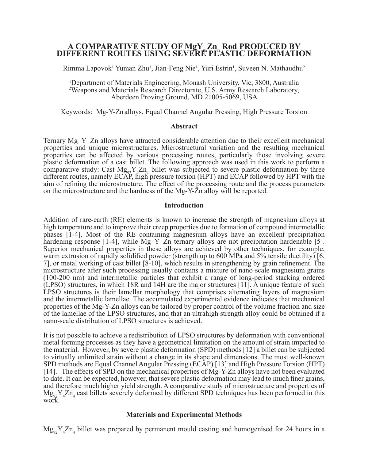 First page of A COMPARATIVE STUDY OF MgY2Zn Rod PRODUCED BY DIFFERENT ROUTES USING SEVERE PLASTIC DEFORMATION