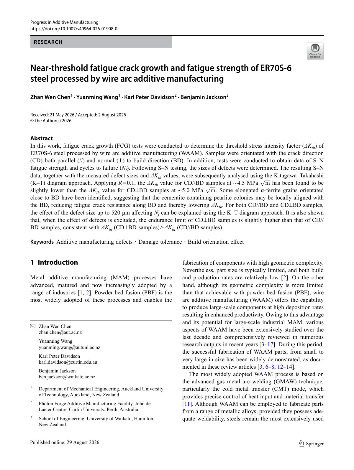 First page of 2026 Chen WAAM ER70S6 Near Threshold Fatigue