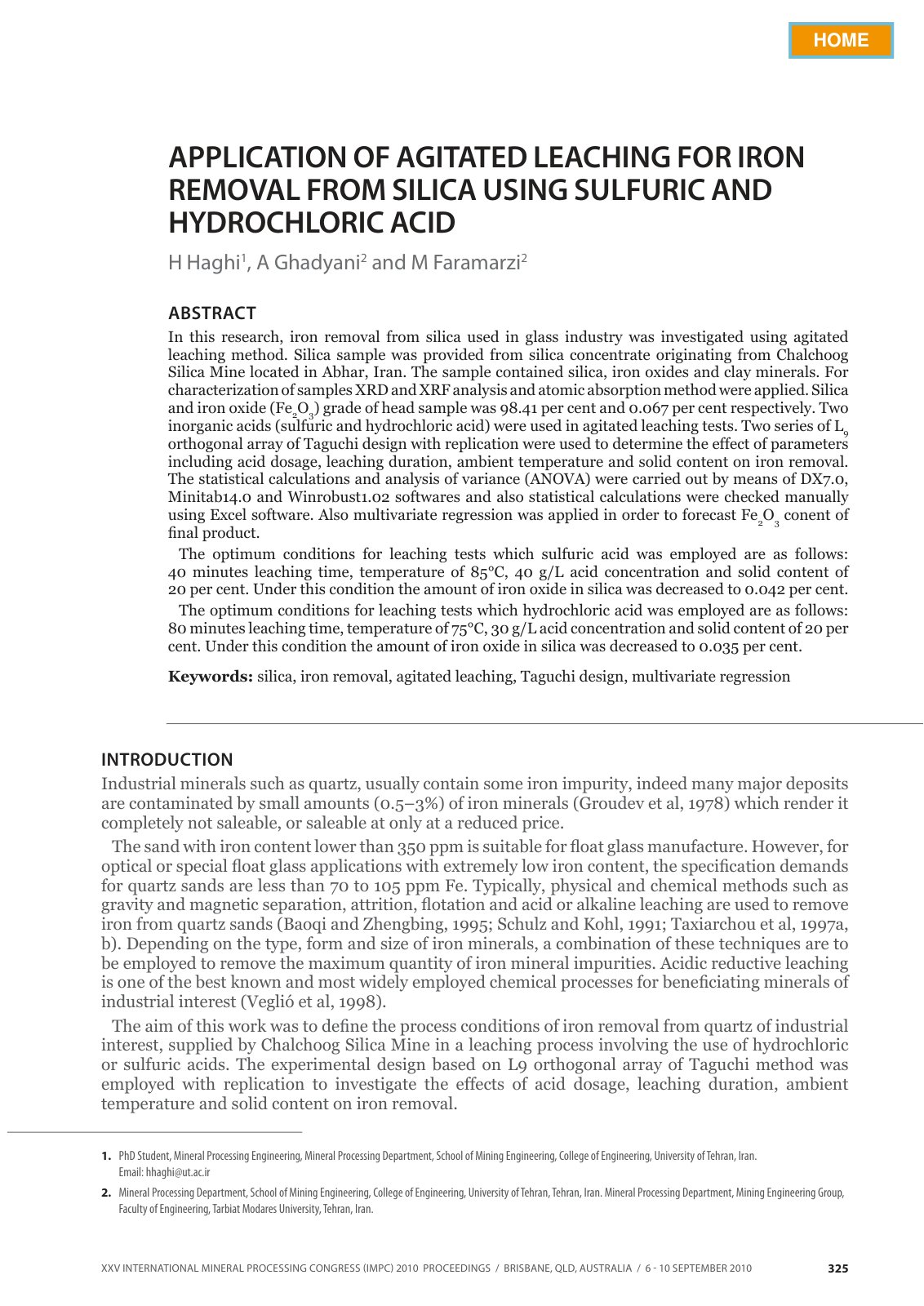 First page of Application of Agitated Leaching for Iro