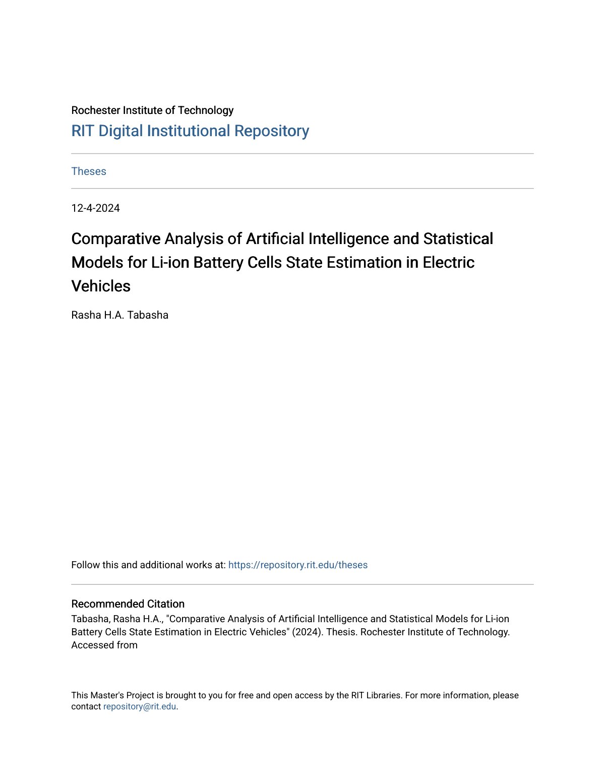 First page of Comparative Analysis of Artificial Intelligence and Statistical Models for Li-ion Battery Cells State Estimation in Electric Vehicles