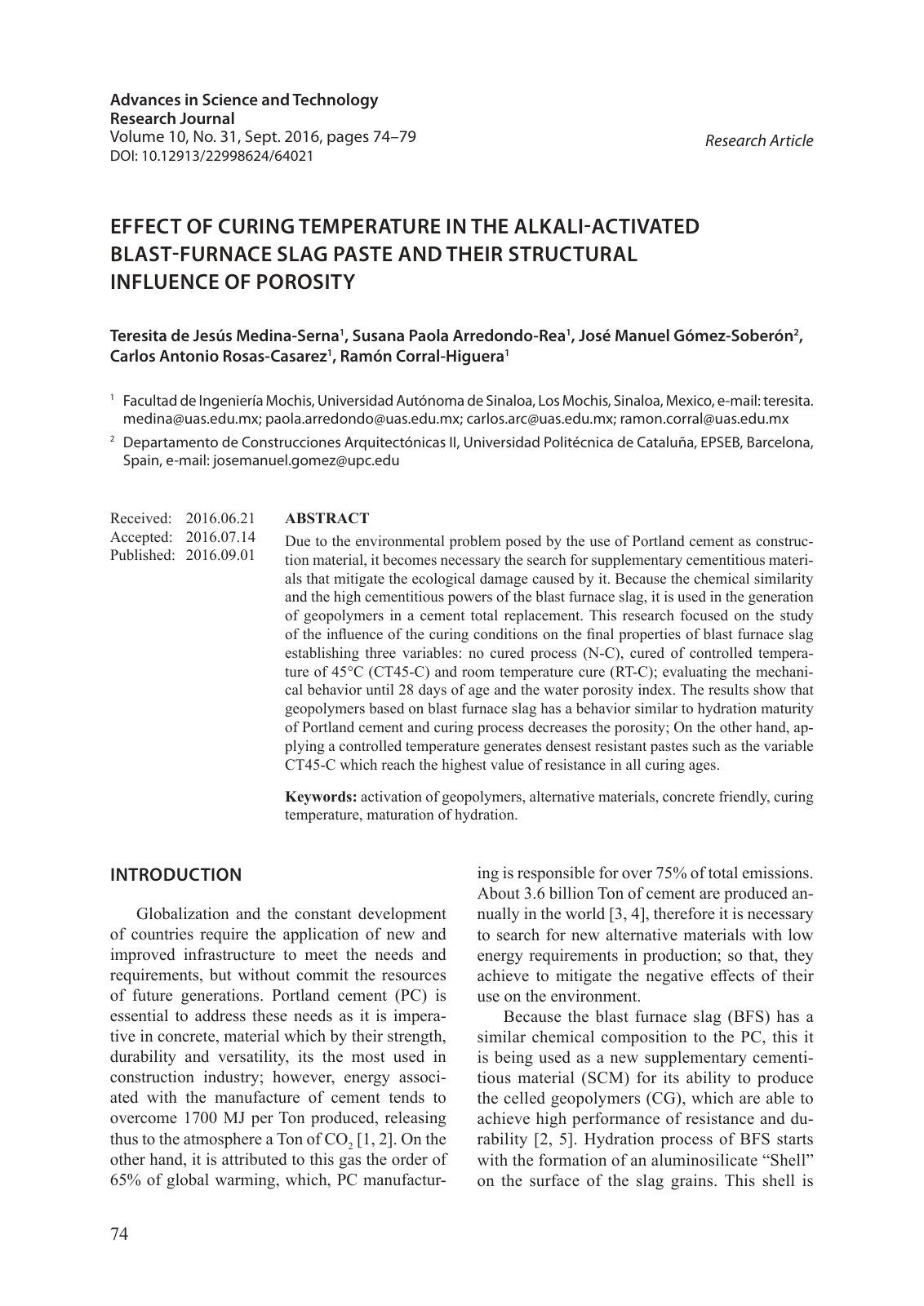 First page of EFFECT OF CURING TEMPERATURE IN THE ALKALI-ACTIVATED BLAST-FURNACE SLAG PASTE AND THEIR STRUCTURAL INFLUENCE OF POROSITY