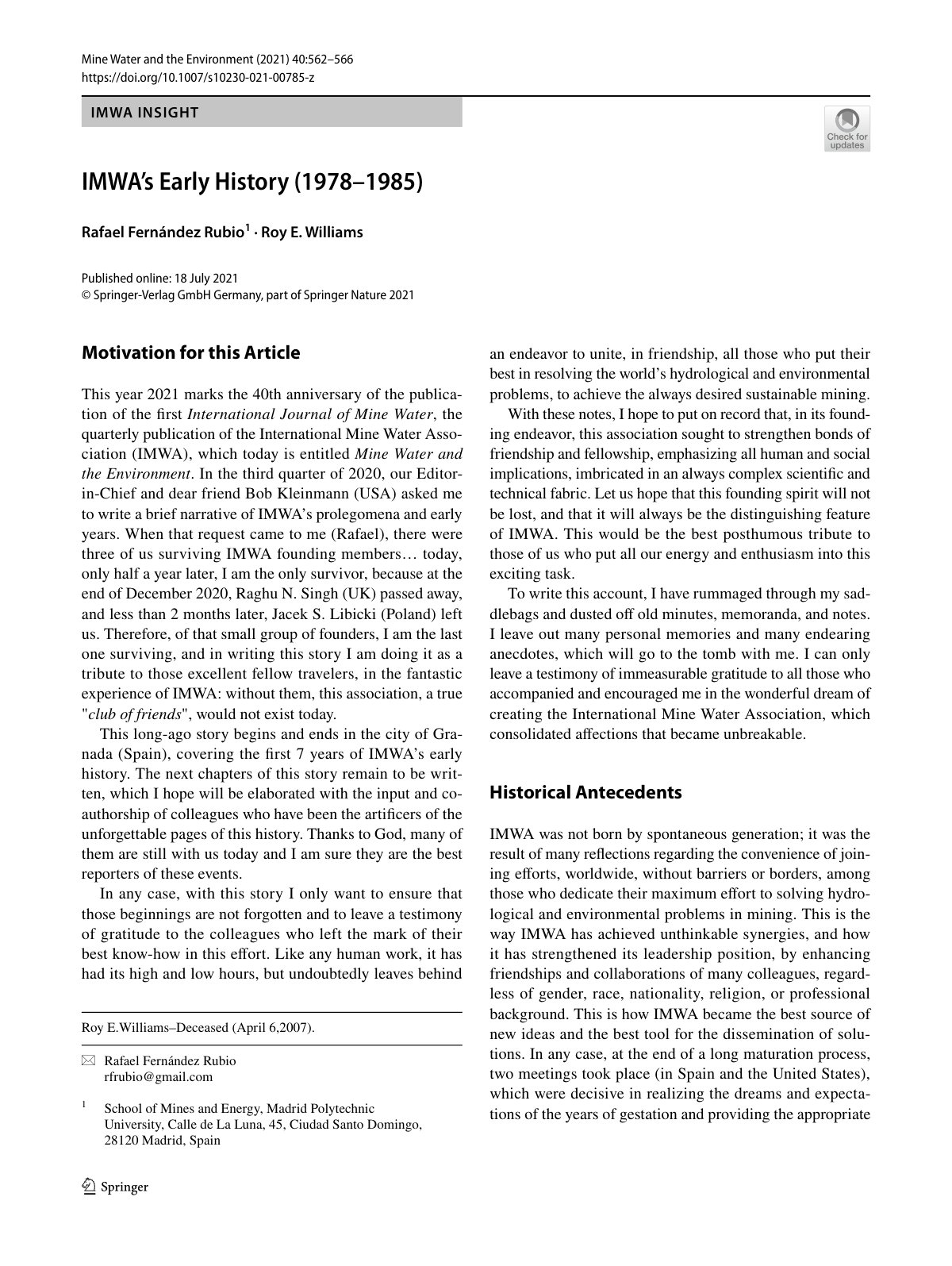 First page of IMWA s Early History 1978 1985