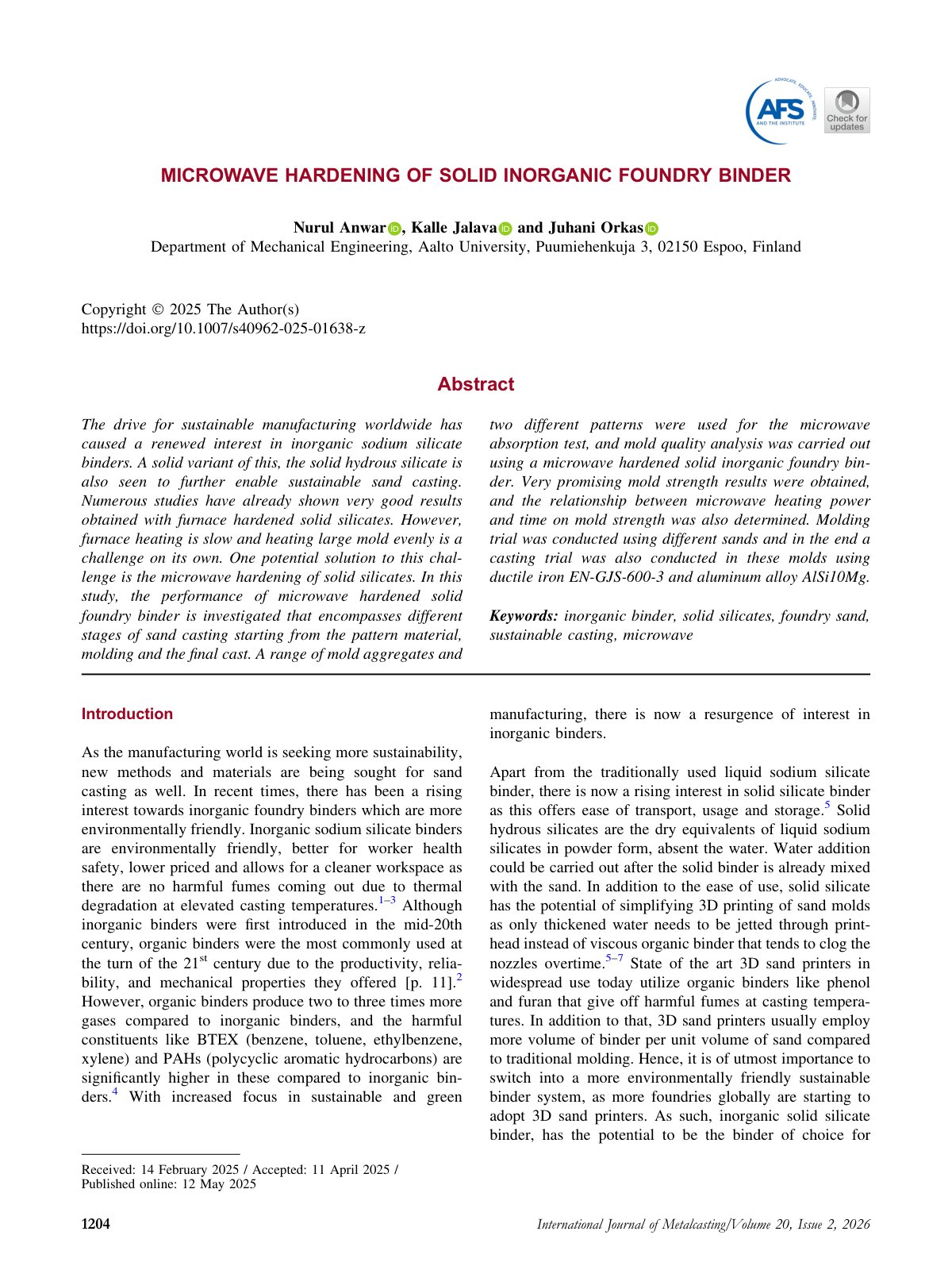First page of 2026 Anwar Microwave Hardening Inorganic Foundry Binder 10.1007 s40962 025 01638 z