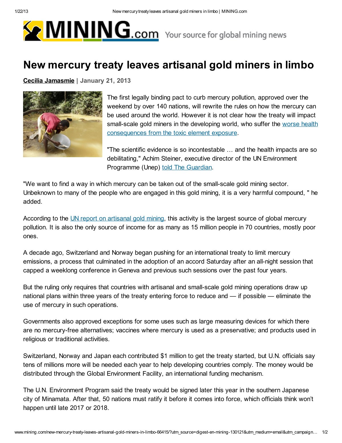 First page of New mercury treaty leaves artisanal gold miners in limbo   MINING