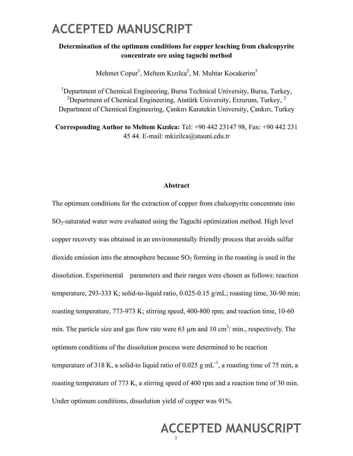 First page of Determination of the Optimum Conditions
