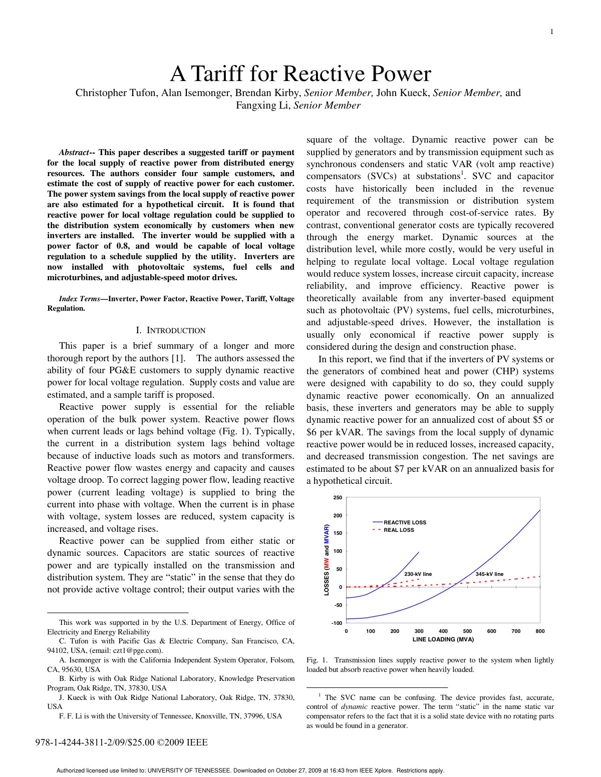 First page of A Tariff for Reactive Power
