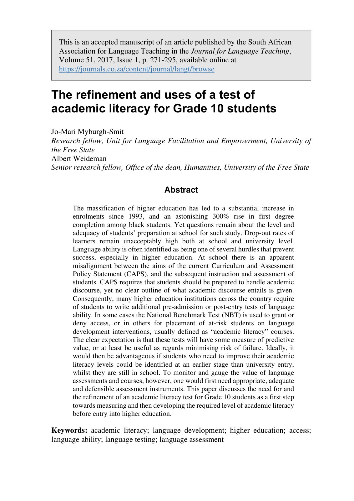First page of 2017 Refinement and uses of a test of a