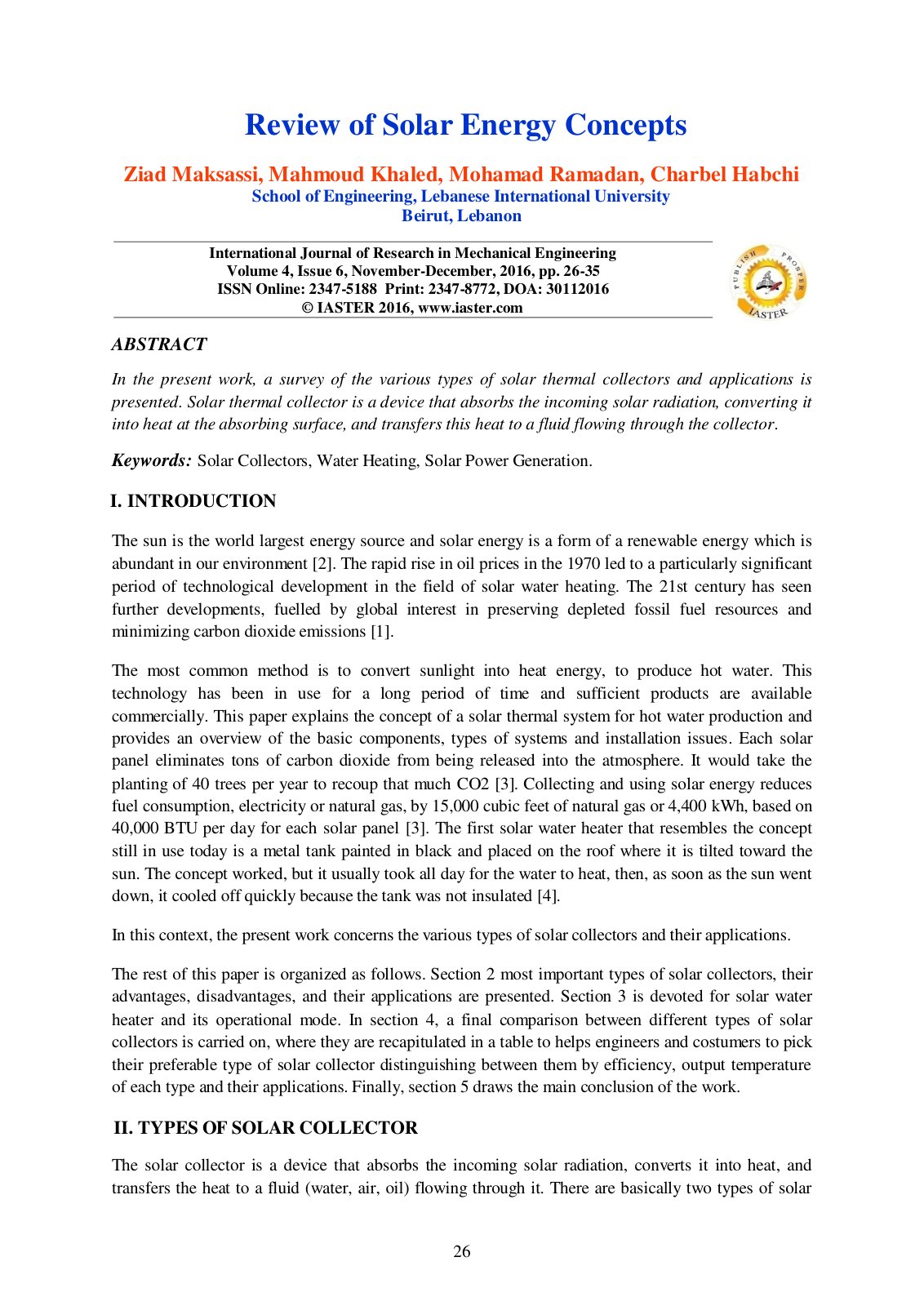 First page of Review of Solar Energy Concepts
