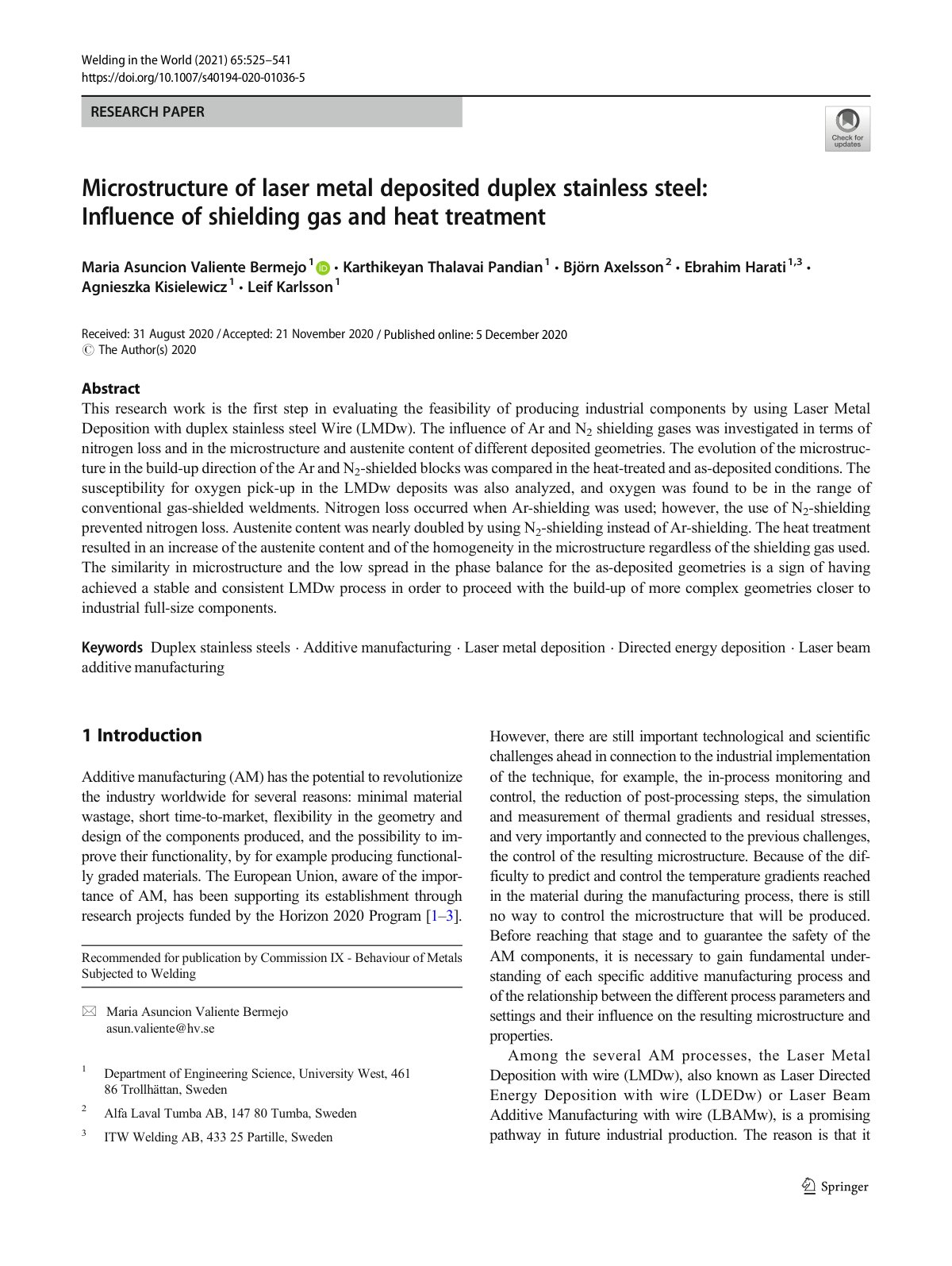 First page of Microstructure of laser metal deposited duplex stainless steel: Influence of shielding gas and heat treatment