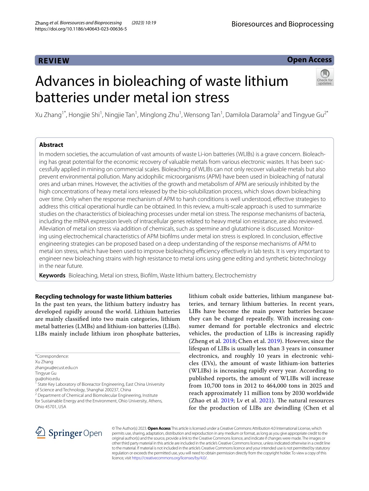 First page of Advances in bioleaching of waste lithium batteries under metal ion stress