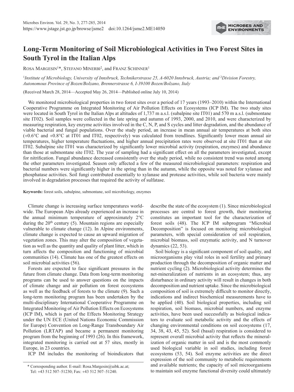 First page of Long-Term Monitoring of Soil Microbiological Activities in Two Forest Sites in South Tyrol in the Italian Alps