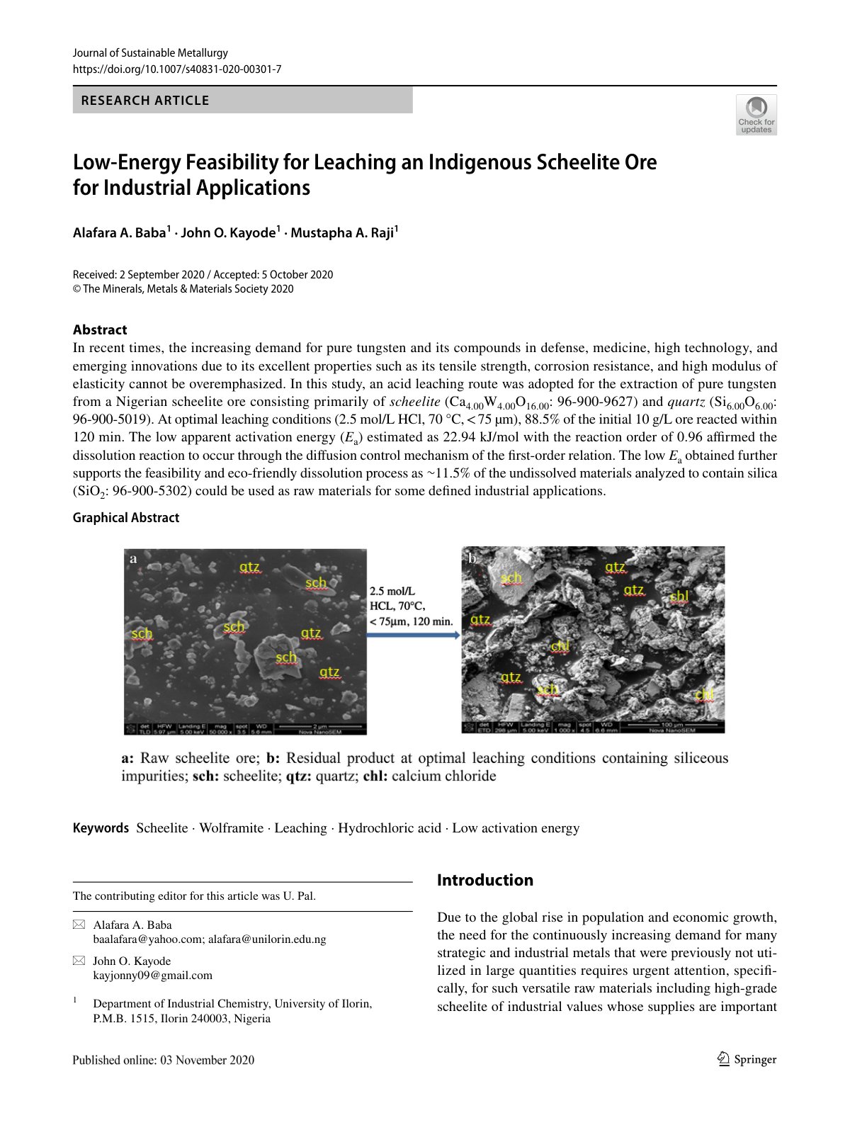 First page of Low‑Energy Feasibility for Leaching an Indigenous Scheelite Ore for Industrial Applications