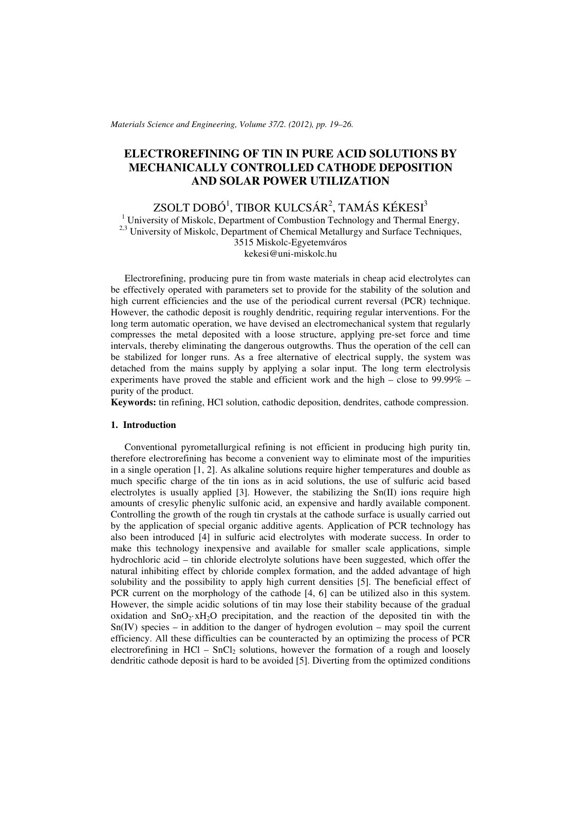 First page of Electrorefining of tin in pure acid solutions by mechanically controlled cathode deposition and solar power utilization