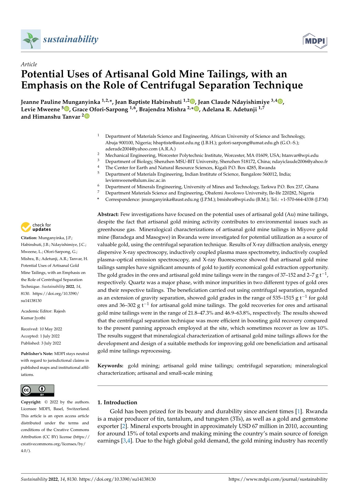 First page of Potential Uses of Artisanal Gold Mine Tailings, with an Emphasis on the Role of Centrifugal Separation Technique