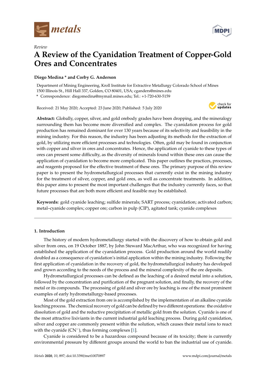 First page of A Review of the Cyanidation Treatment of