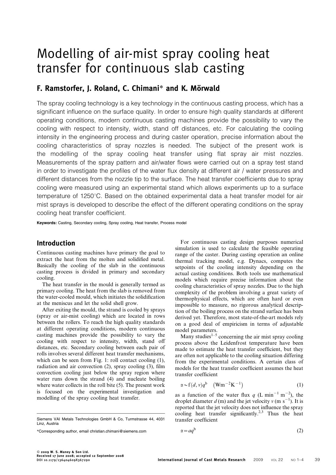 First page of Modelling of air mist spray cooling heat