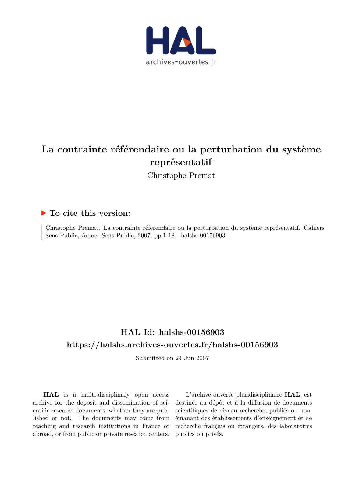 First page of La contrainte référendaire ou la perturbation du système représentatif