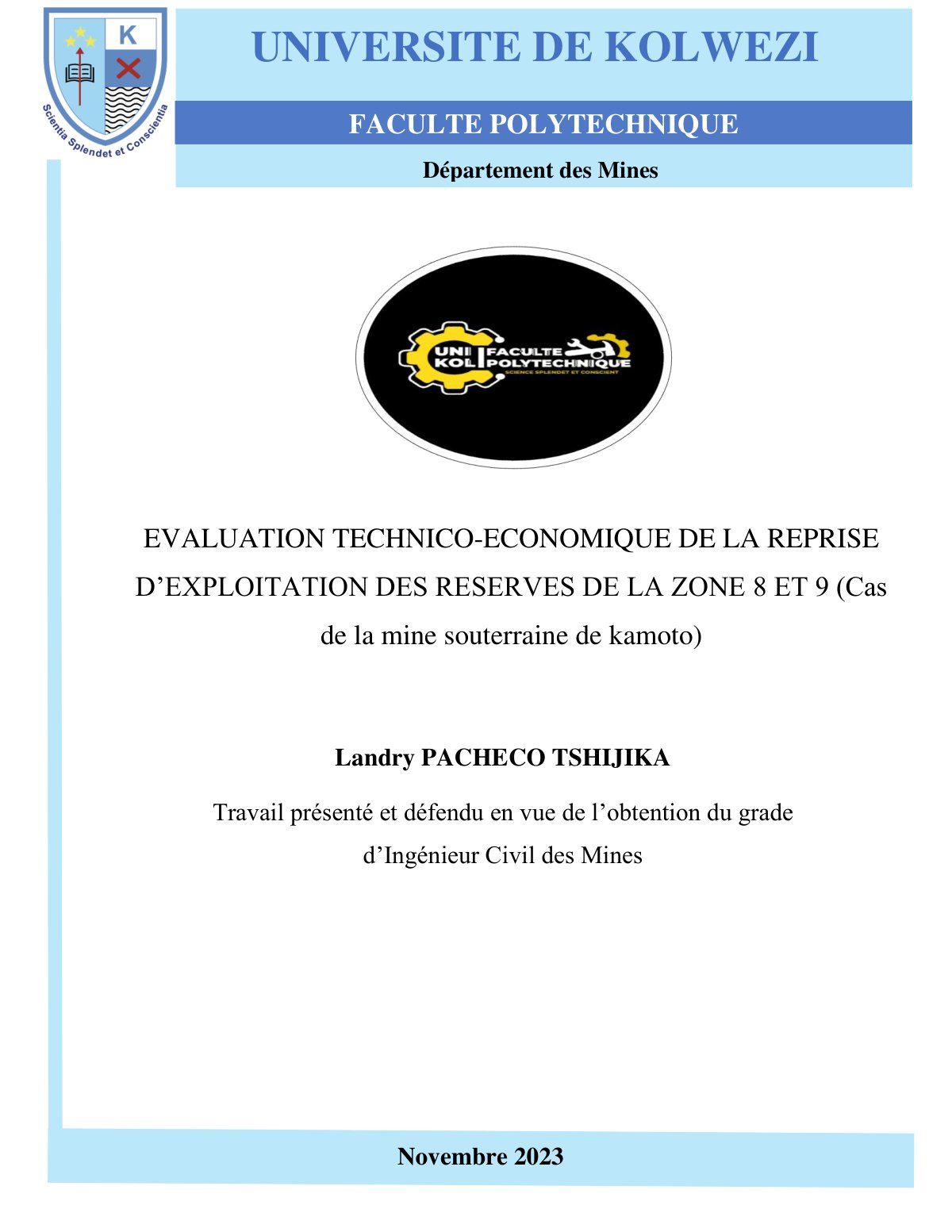 First page of EVALUATION TECHNICO-ECONOMIQUE DE LA REPRISE D’EXPLOITATION DES RESERVES DE LA ZONE 8 ET 9 (Cas de la mine souterraine de kamoto)
