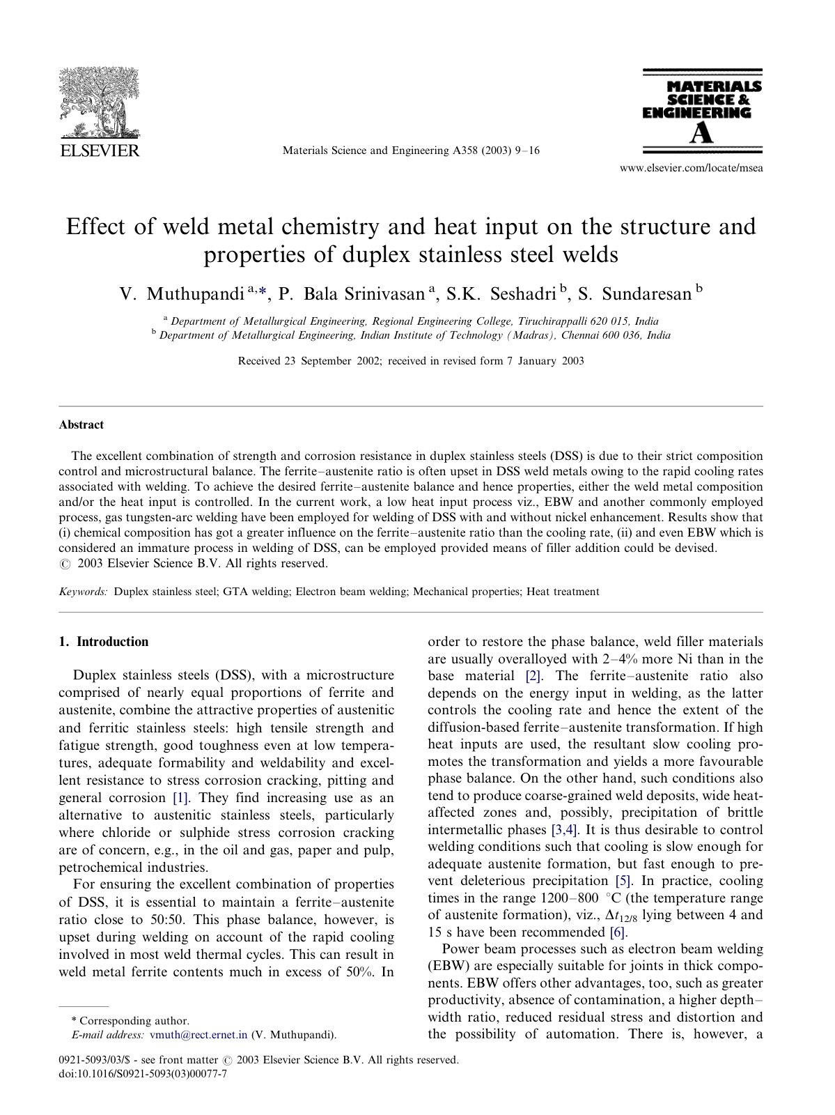 First page of Effect of weld metal chemistry and heat input on the structure and properties of duplex stainless steel welds