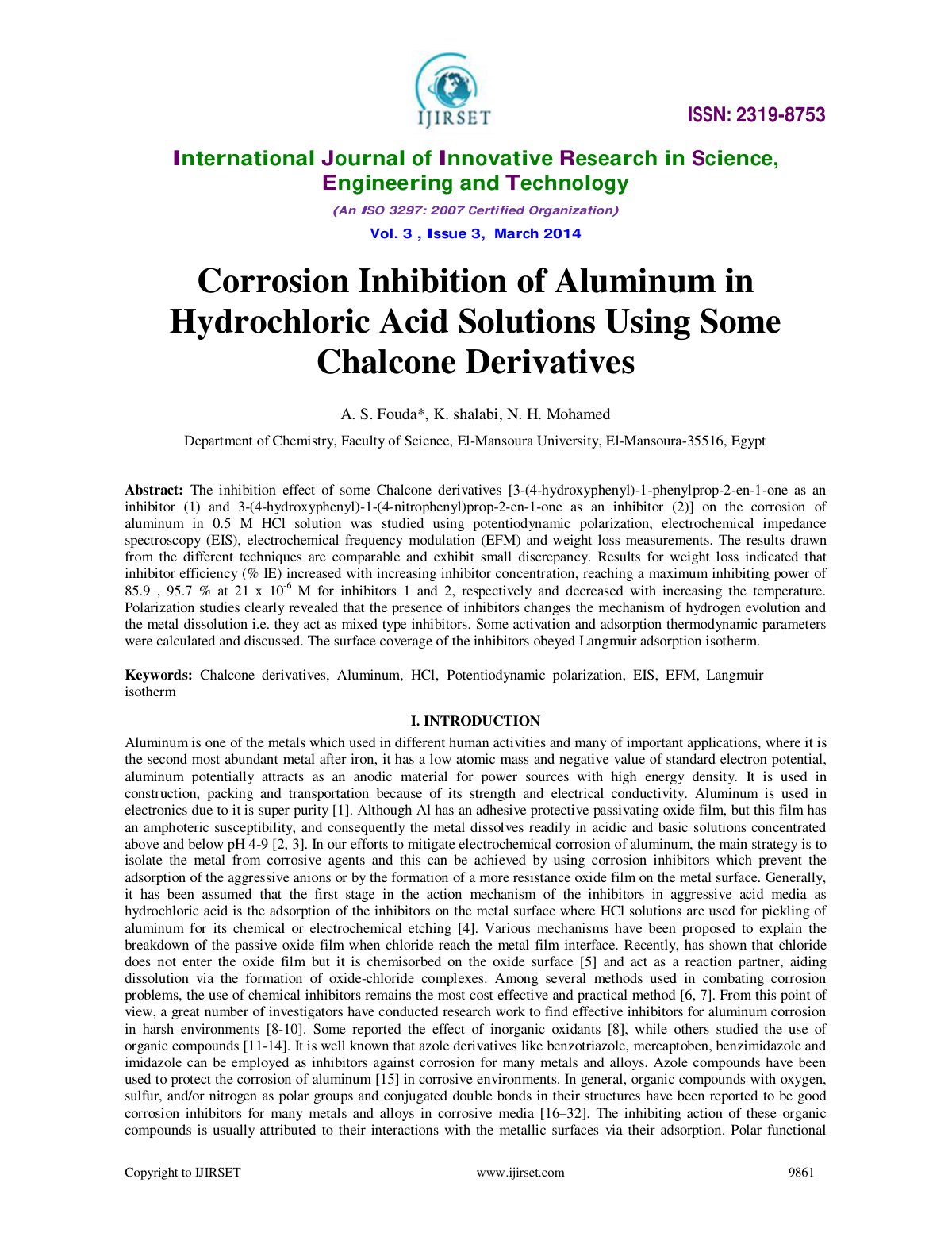 First page of Corrosion Inhibition of Aluminum in Hydrochloric Acid Solutions Using Some Chalcone Derivatives