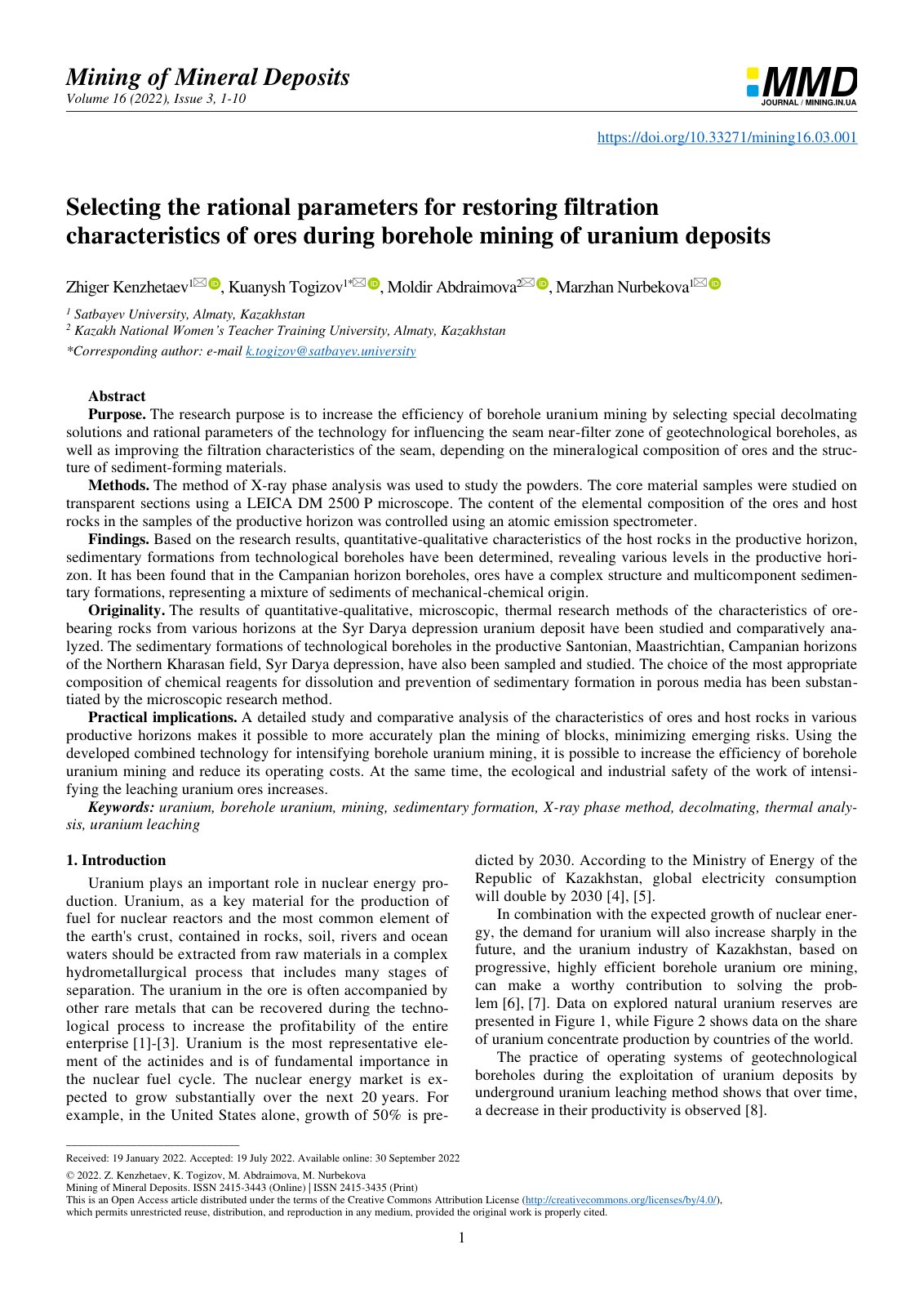First page of Selecting the rational parameters for restoring filtration characteristics of ores during borehole mining of uranium deposits