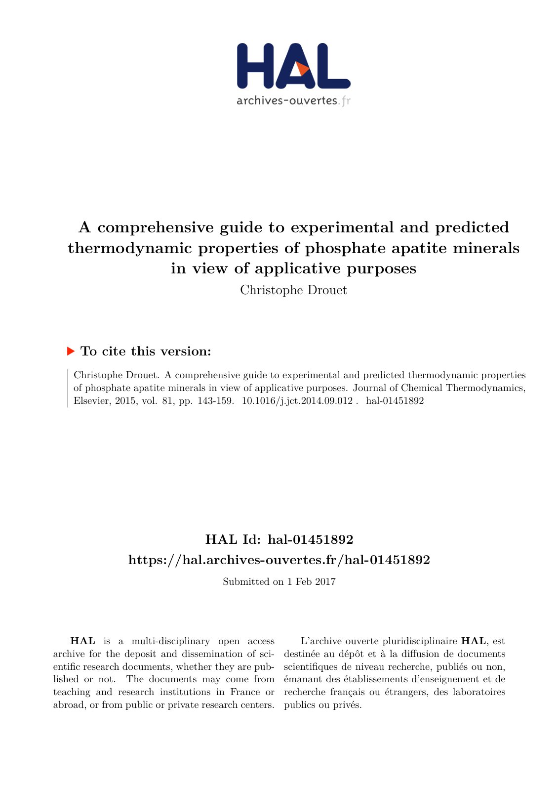 First page of A comprehensive guide to experimental and predicted thermodynamic properties of phosphate apatite minerals in view of applicative purposes