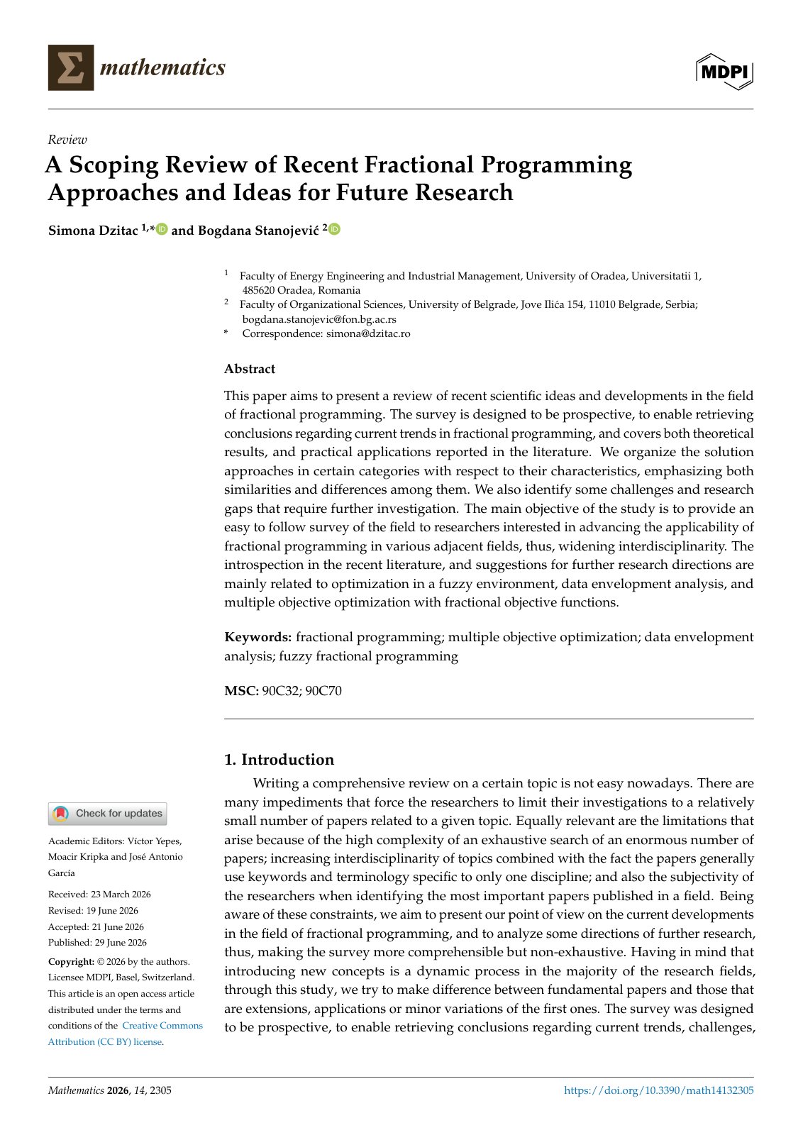 First page of A Scoping Review of Recent Fractional Programming Approaches and Ideas for Future Research