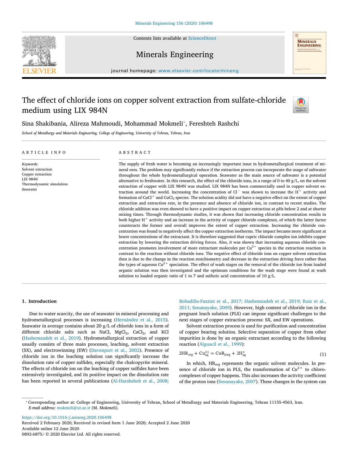 First page of The effect of chloride ions on copper solvent extraction fr 2020 Minerals En