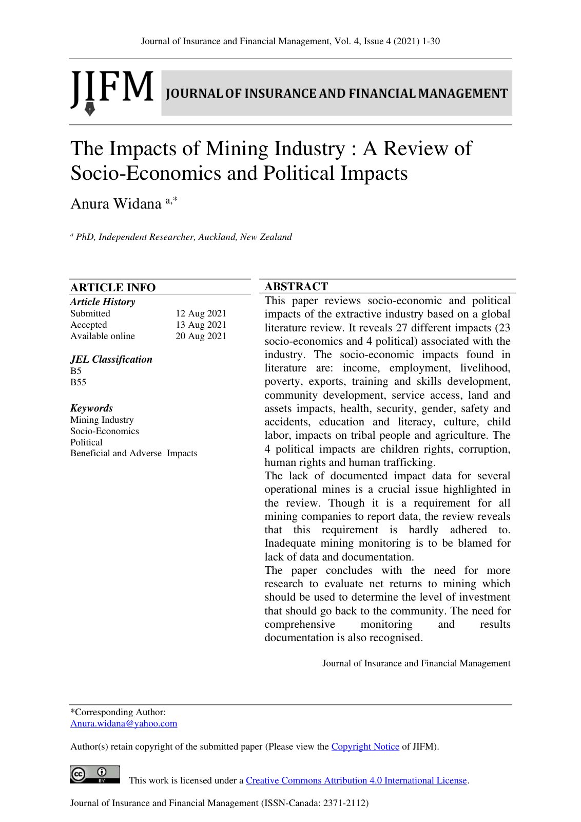 First page of The Impacts of Mining Industry A Review