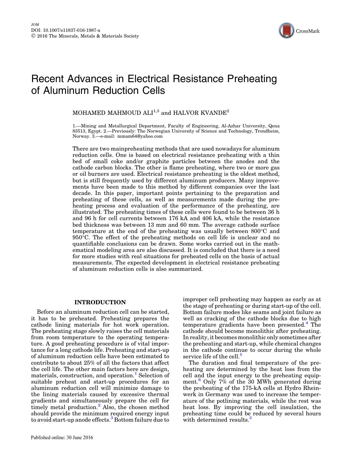 First page of Recent Advances in Electrical Resistance Preheating of Aluminum Reduction Cells