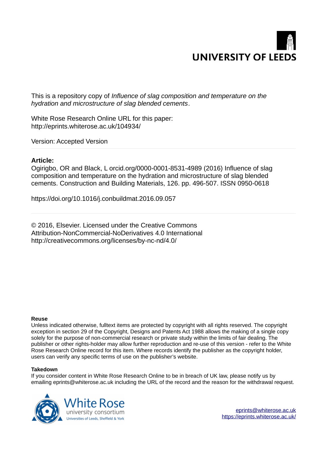 First page of Influence of slag composition and temperature on the hydration and microstructure of slag blended cements