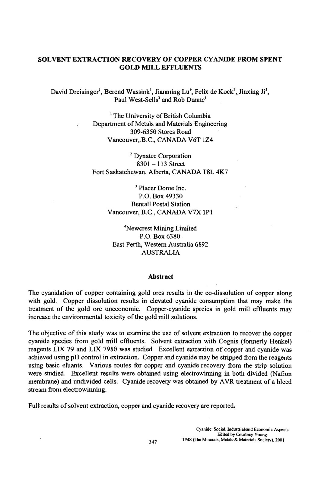 First page of Solvent Extraction Recovery Of Copper Cyanide From Spent Gold Mill Effluents