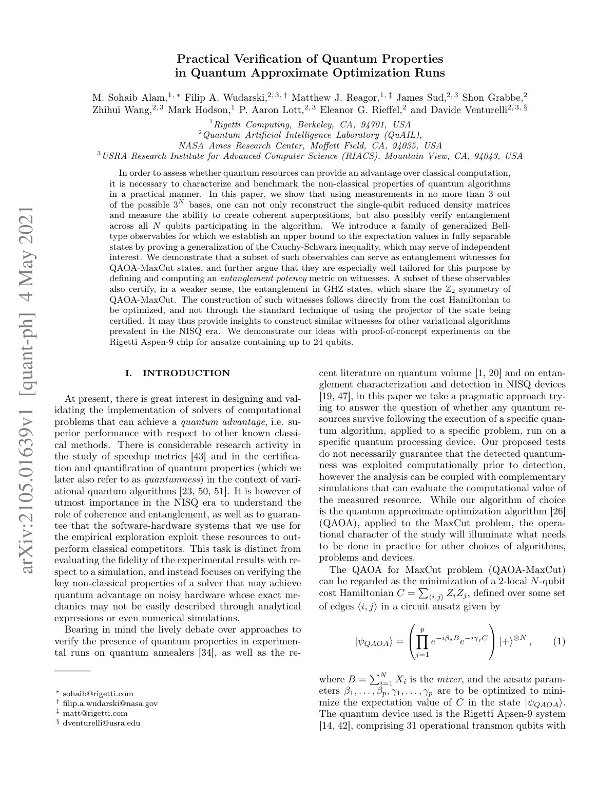 First page of Practical Verification of Quantum Properties in Quantum Approximate Optimization Runs