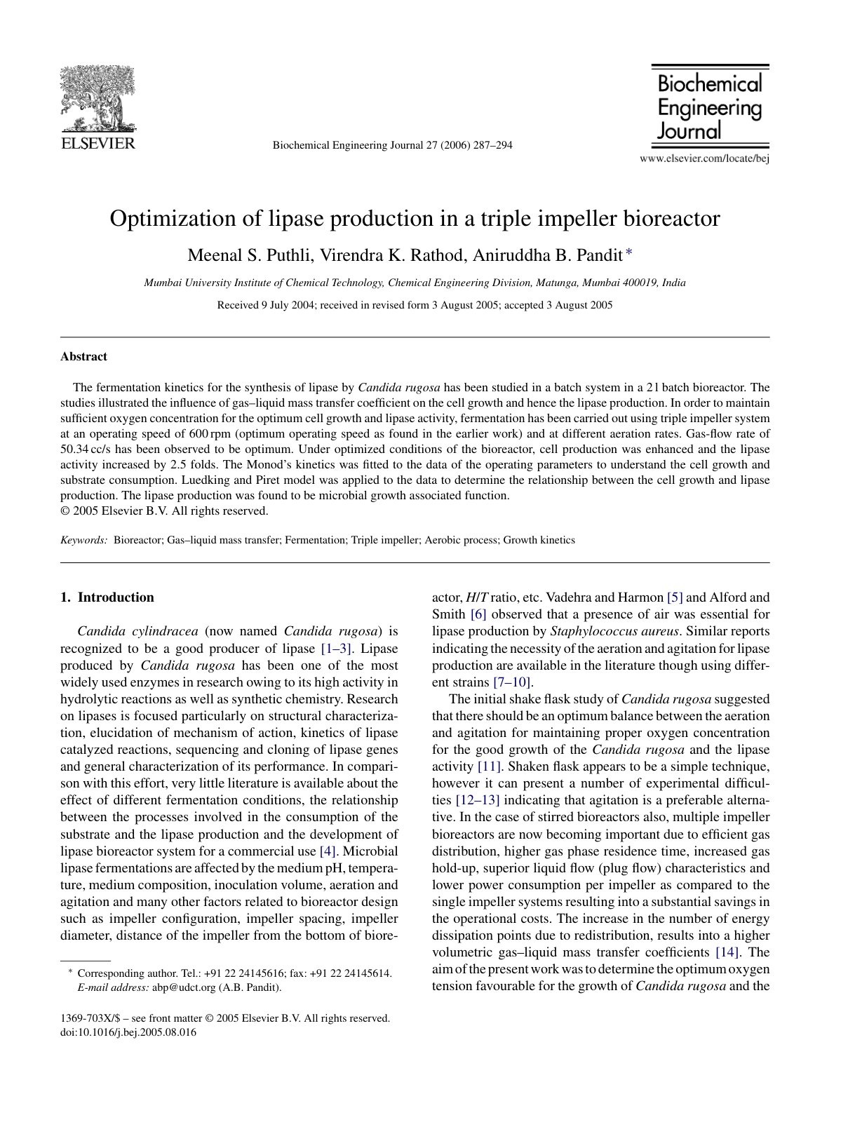 First page of Optimization of lipase production in a triple impeller bioreactor
