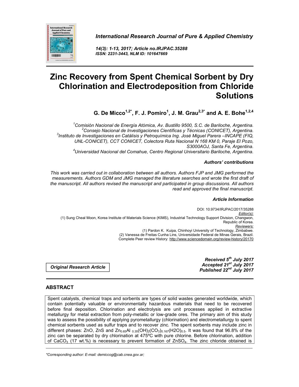 First page of Zinc Recovery from Spent Chemical Sorbent by Dry Chlorination and Electrodeposition from Chloride Solutions