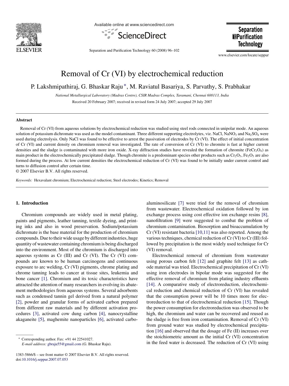 First page of Removal of Cr (VI) by electrochemical reduction