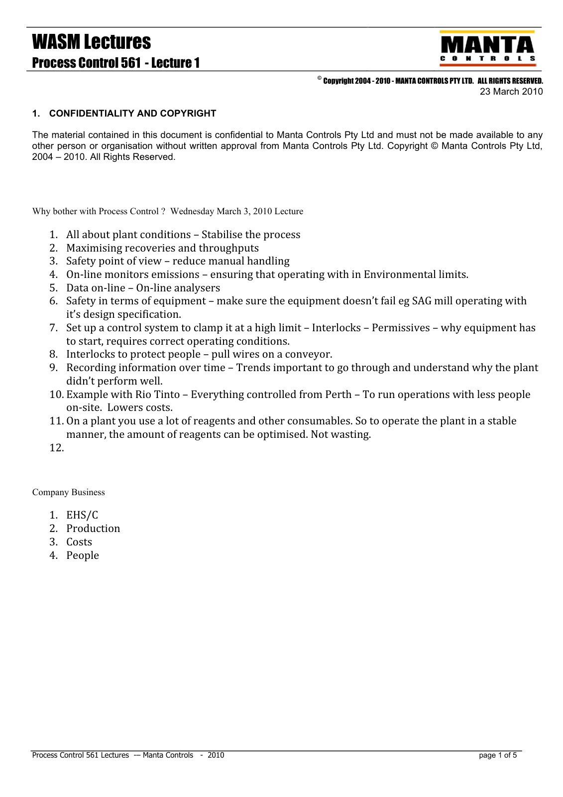 First page of Manta Controls   561   Lecture 1