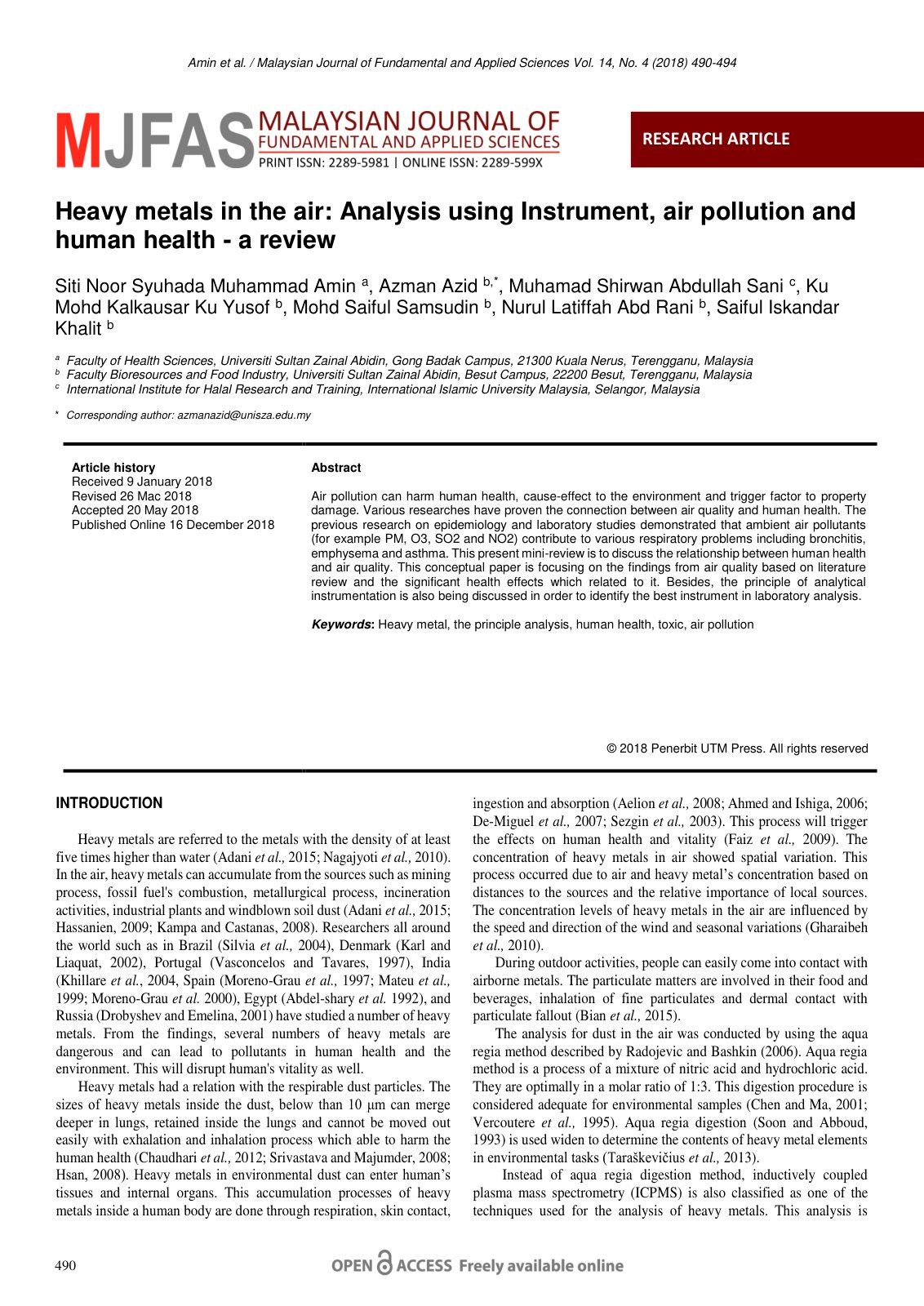 First page of Heavy metals in the air: Analysis using Instrument, air pollution and human health - a review