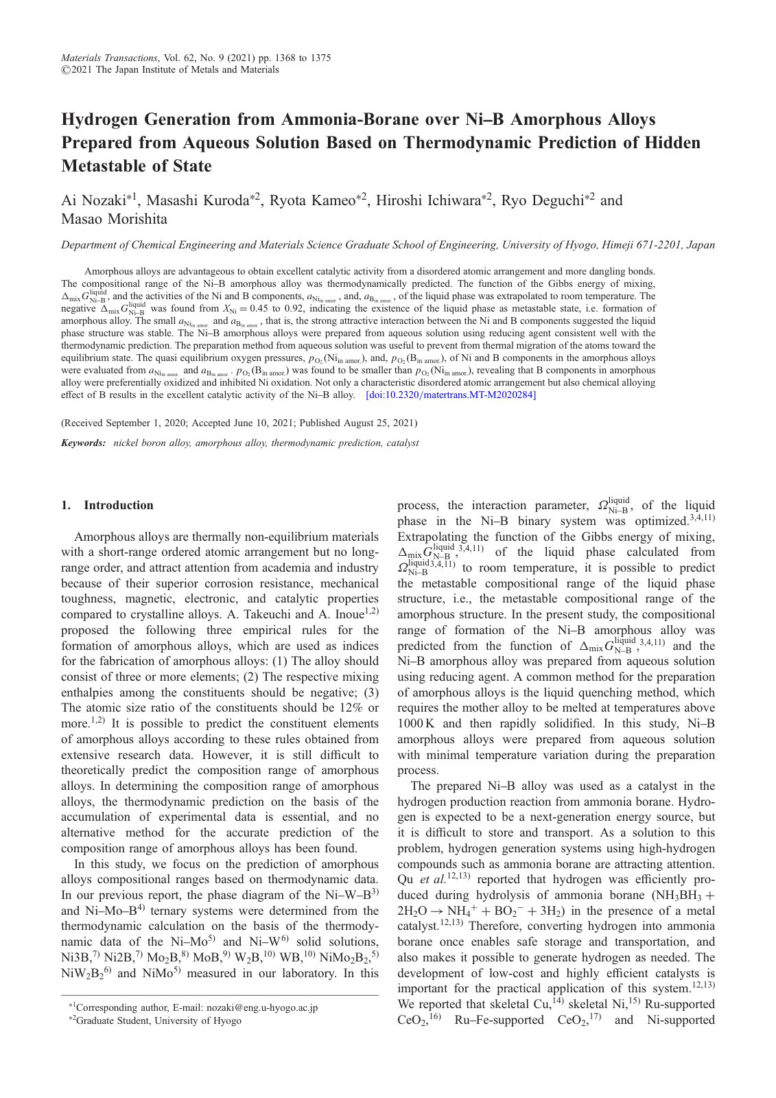 First page of Hydrogen Generation from Ammonia-Borane over Ni­B Amorphous Alloys Prepared from Aqueous Solution Based on Thermodynamic Prediction of Hidden Metastable of State