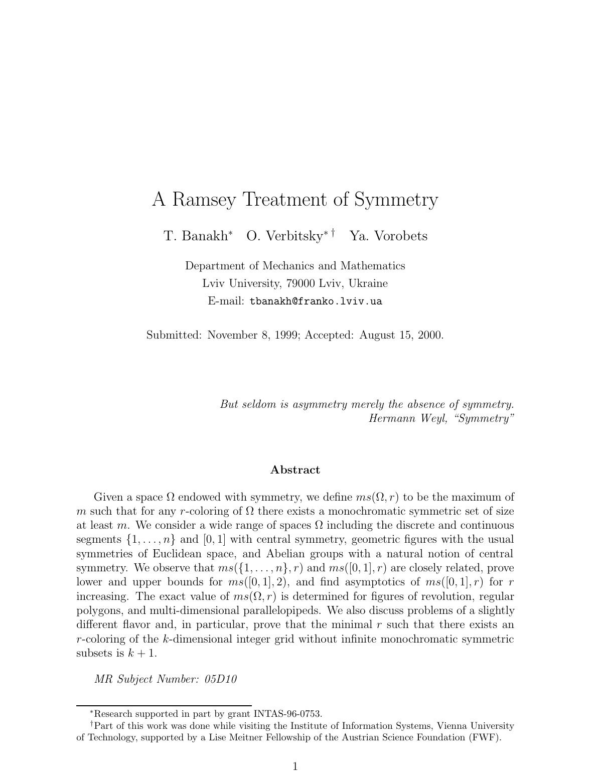 First page of A Ramsey T reatment of Symmetry