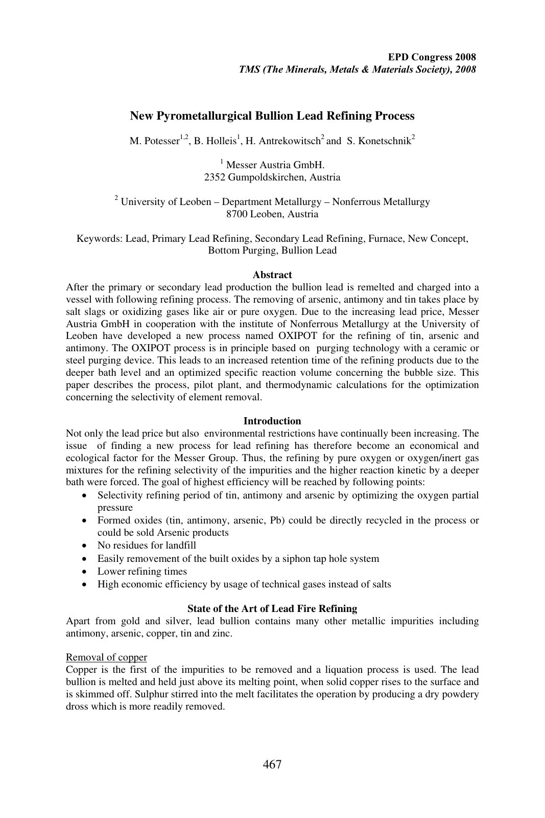First page of New Pyrometallurgical Bullion Lead Refining Process