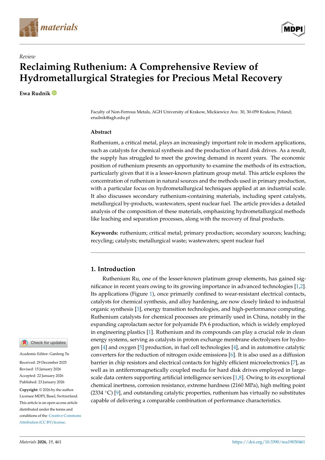 First page of 2026   Rudnik   Ruthenium Hydrometallurgical Recovery Review