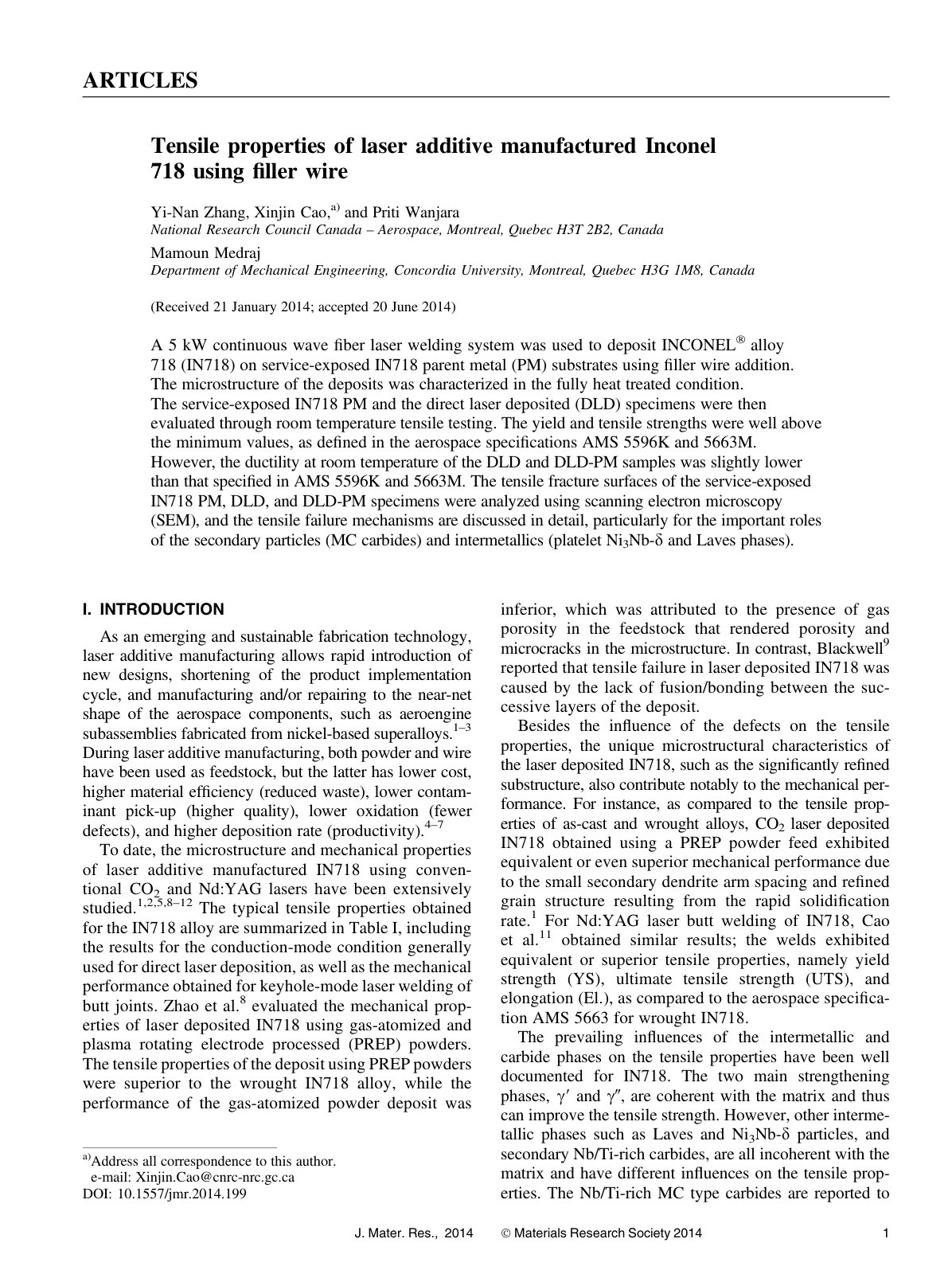 First page of Tensile properties of laser additive manufactured Inconel 718 using ﬁller wire