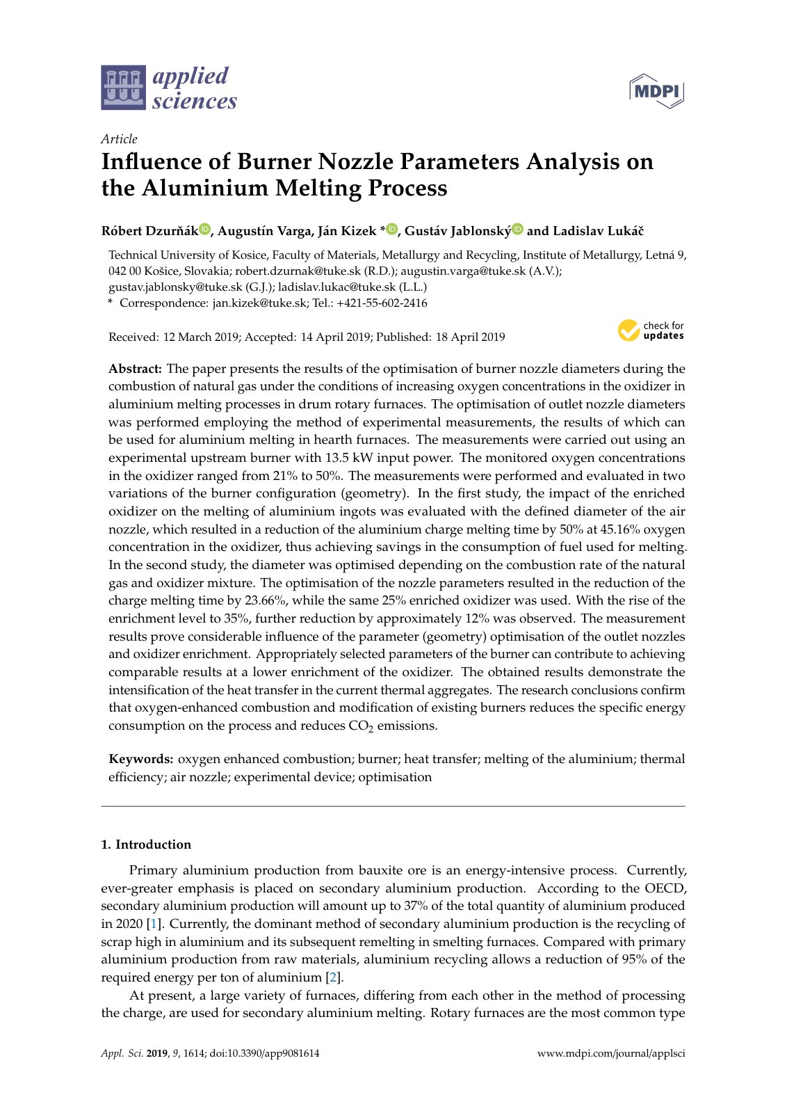 First page of Inﬂuence of Burner Nozzle Parameters Analysis on the Aluminium Melting Process