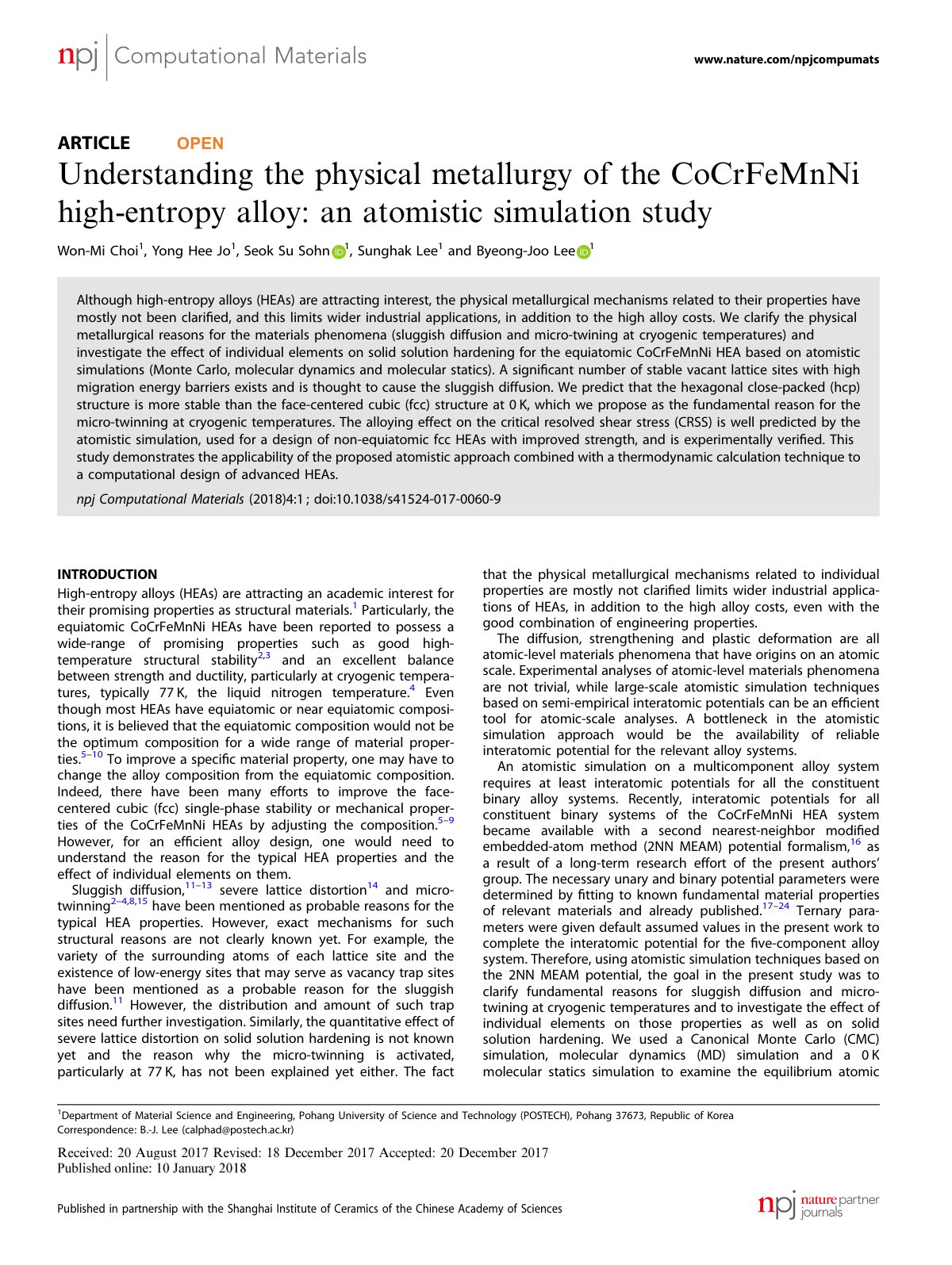 First page of Understanding the physical metallurgy of the CoCrFeMnNi high-entropy alloy: an atomistic simulation study