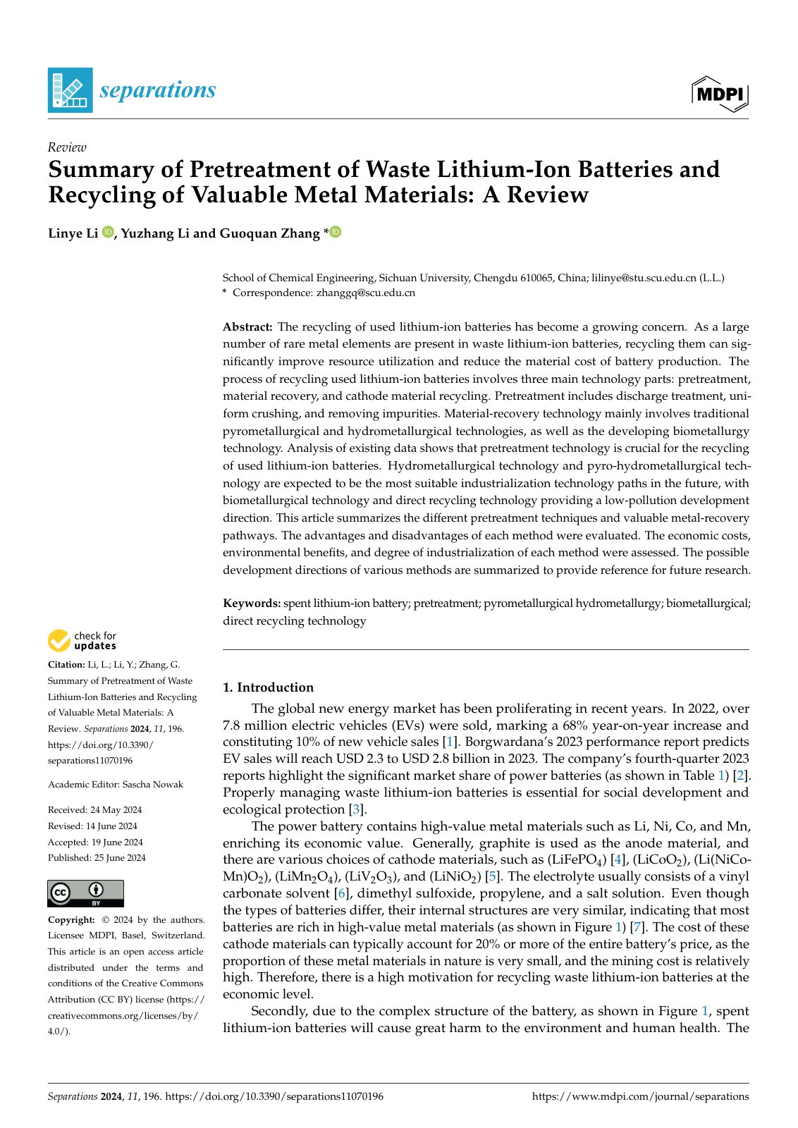 First page of Summary of Pretreatment of Waste Lithium-Ion Batteries and Recycling of Valuable Metal Materials: A Review