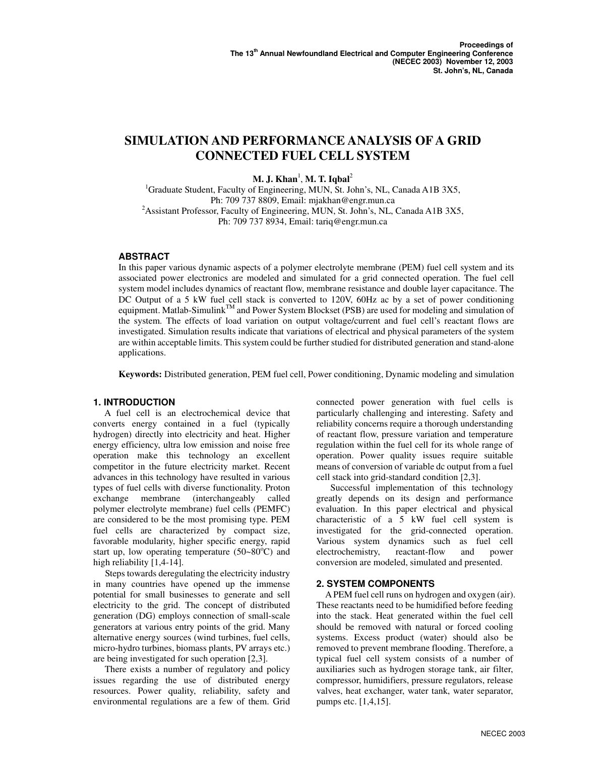 First page of Proceedings of The 13th Annual Newfoundland Electrical and Computer Engineering Conference (NECEC 2003)