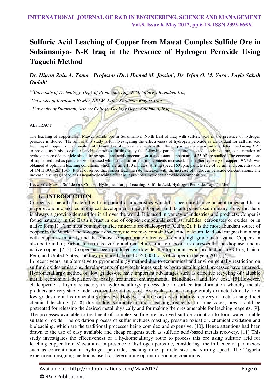 First page of Sulfuric Acid Leaching of Copper from Mawat Complex Sulfide Ore in Sulaimaniya- N-E Iraq in the Presence of Hydrogen Peroxide Using Taguchi Method