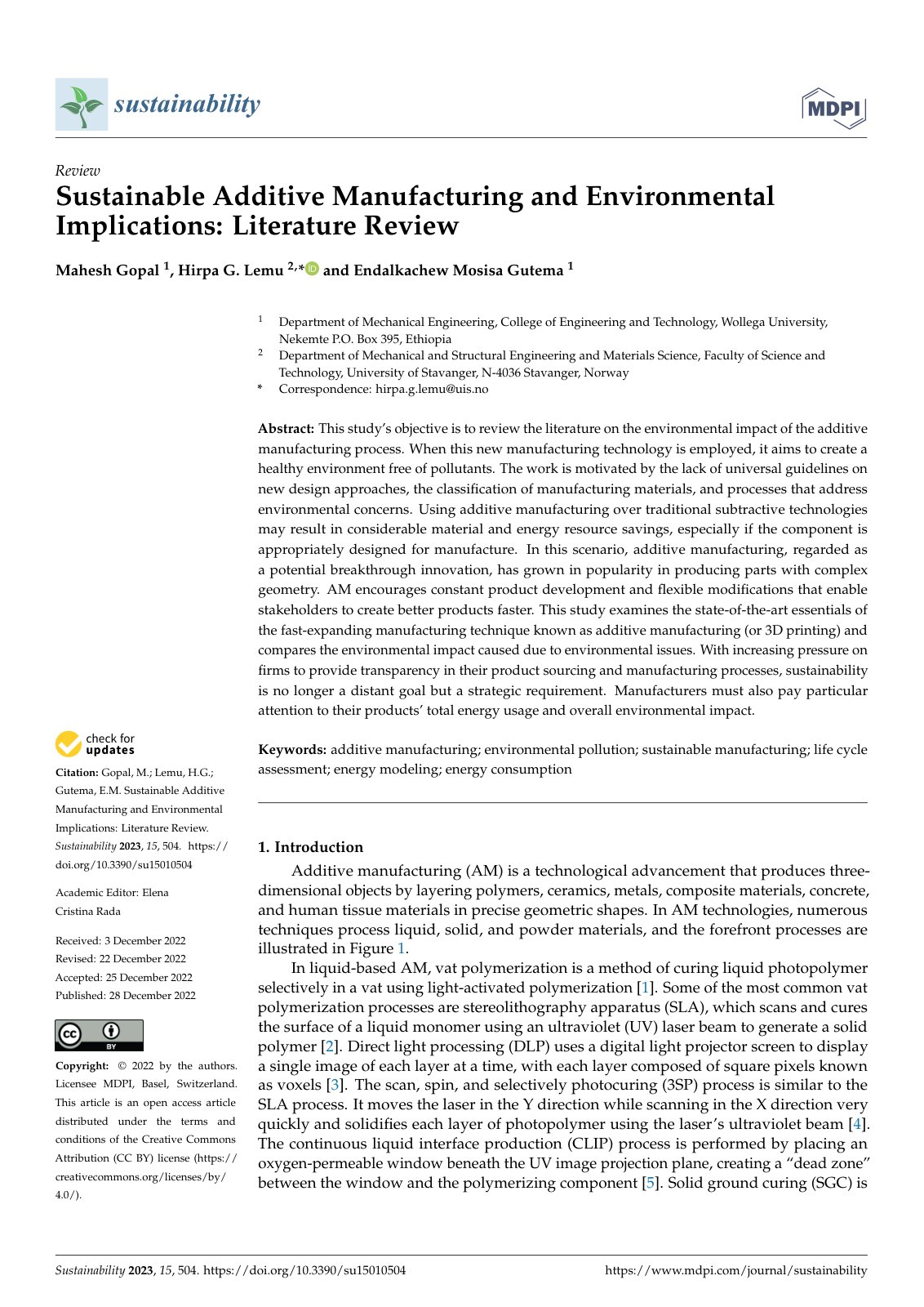 First page of Sustainable Additive Manufacturing and E