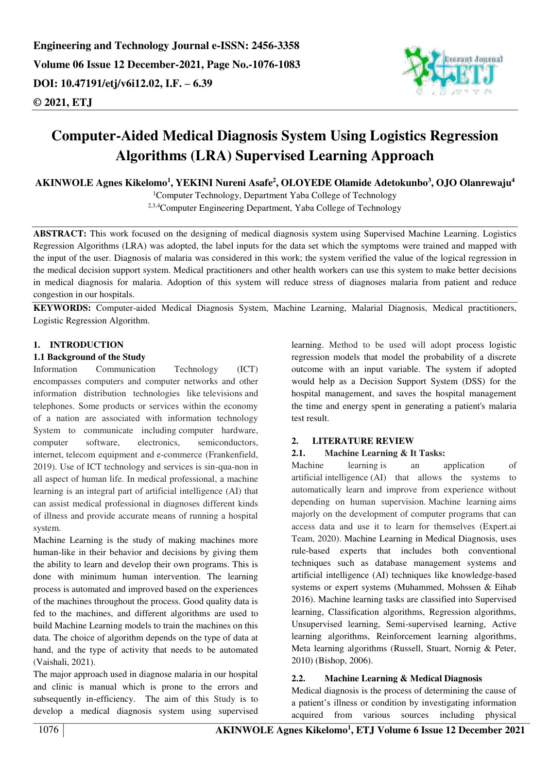 First page of Computer Aided Medical Diagnosis System Using Logistics Regression 